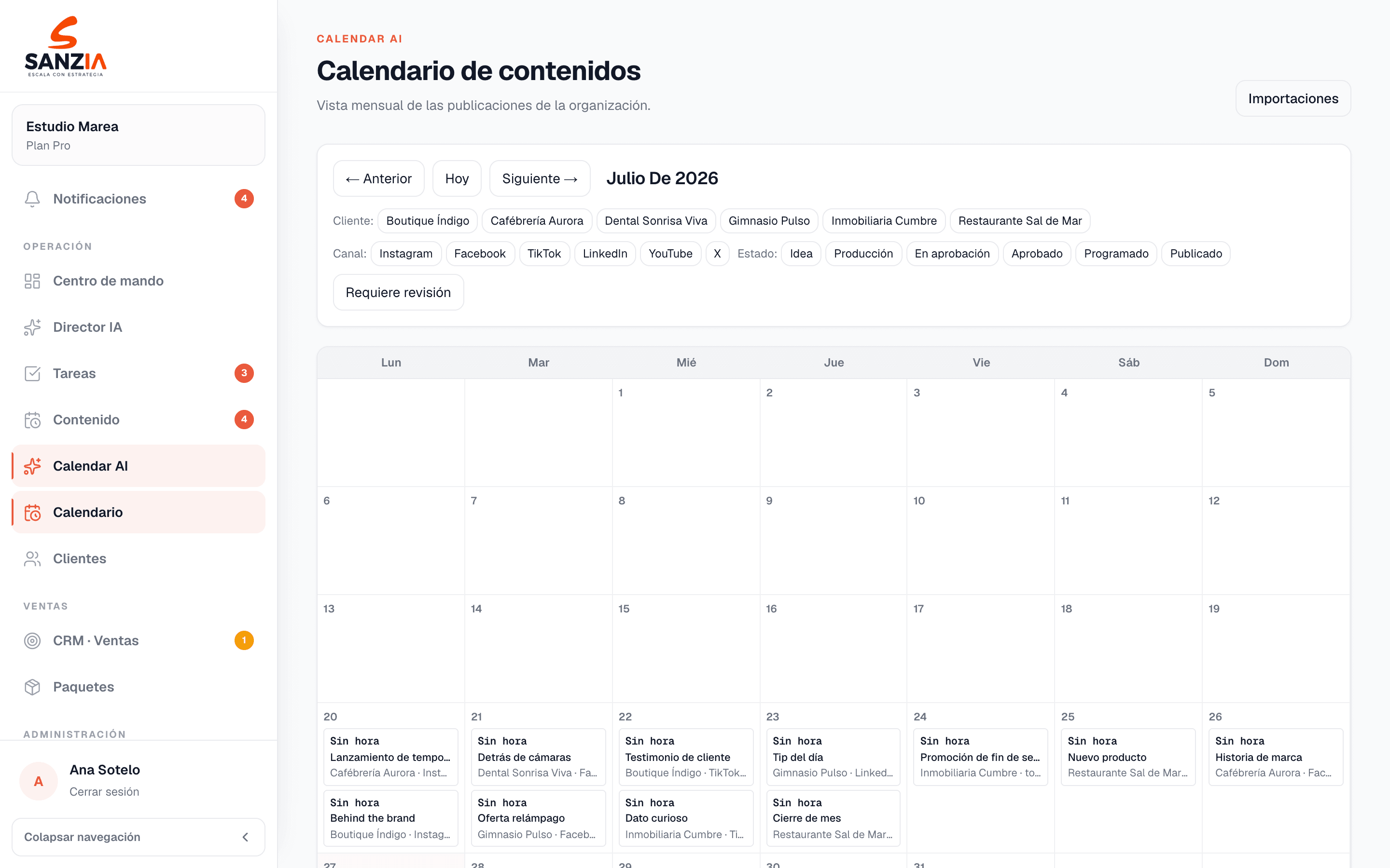 Calendario de contenidos mensual de SANZIA OS