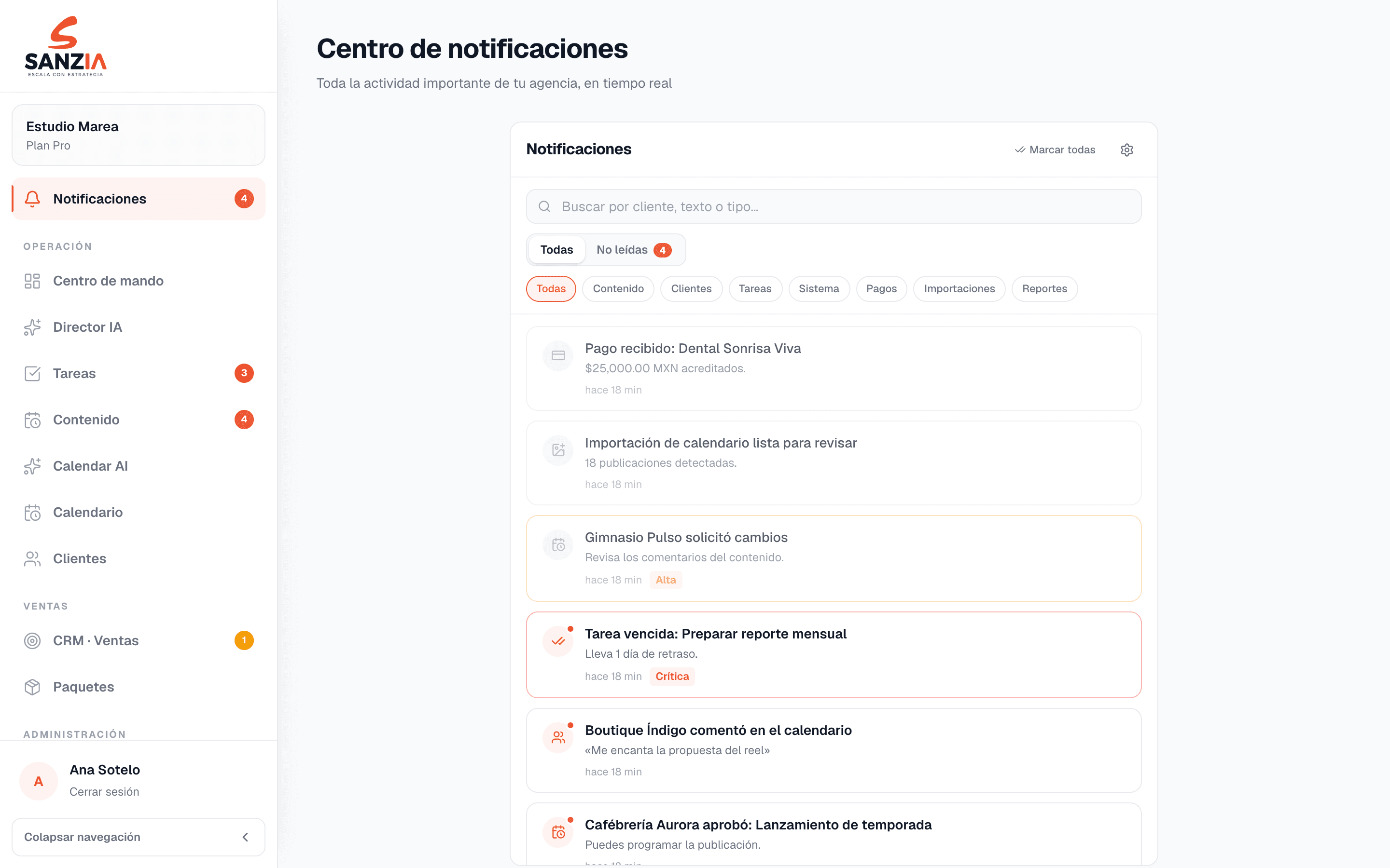 Centro de notificaciones de SANZIA OS en tiempo real