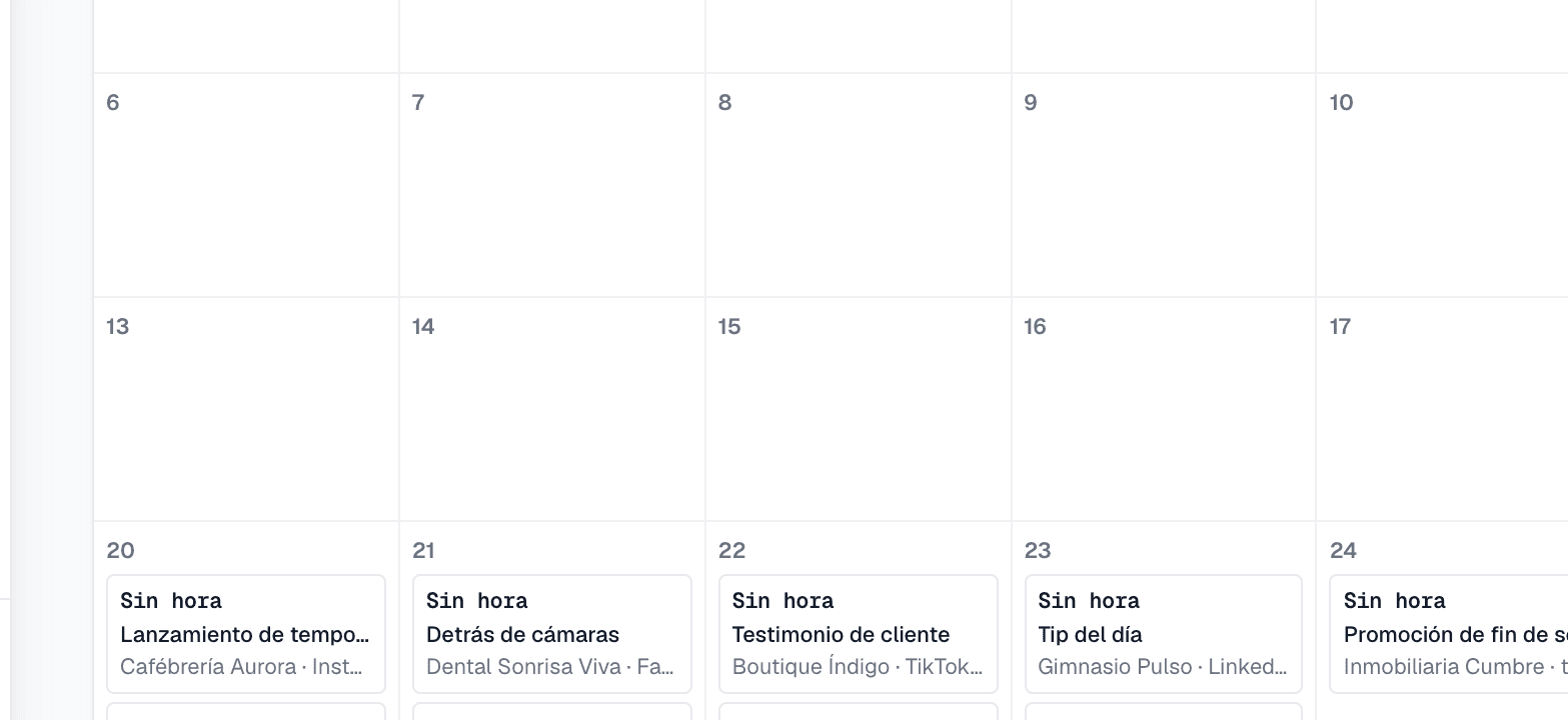 Calendario de contenidos mensual de SANZIA OS