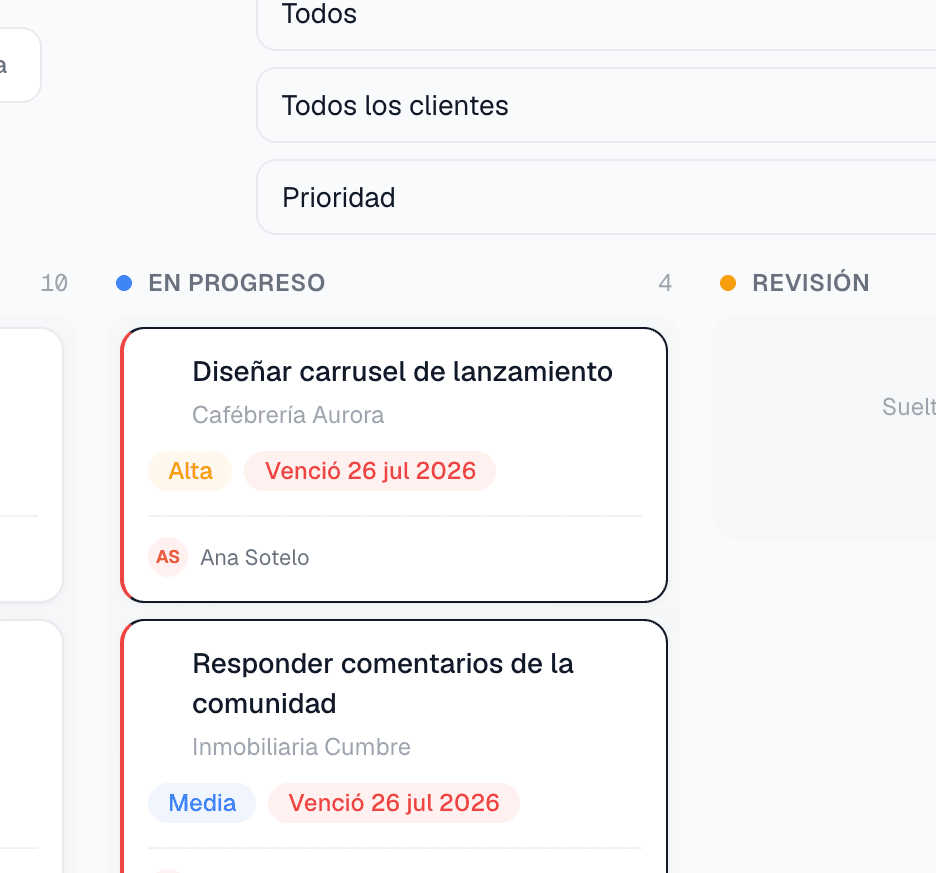 Tablero kanban de tareas de SANZIA OS con columnas por estado